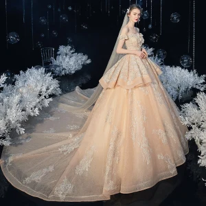 Chic Beautiful Champagne Bridal Wedding Dresses 2020 Ball Gown Off The Shoulder Short Sleeve Backless Appliques Lace Sequins Glitter Tulle Beading Cathedral Train Ruffle