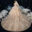 Schöne Champagner Hochzeits Brautkleider / Hochzeitskleider 2020 Ballkleid Off Shoulder Kurze Ärmel Rückenfreies Applikationen Spitze Pailletten Glanz Tülle Perlenstickerei Kathedrale Schleppe Rüschen