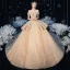 Schöne Champagner Hochzeits Brautkleider / Hochzeitskleider 2020 Ballkleid Off Shoulder Kurze Ärmel Rückenfreies Applikationen Spitze Pailletten Glanz Tülle Perlenstickerei Kathedrale Schleppe Rüschen