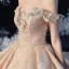 Schöne Champagner Hochzeits Brautkleider / Hochzeitskleider 2020 Ballkleid Off Shoulder Kurze Ärmel Rückenfreies Applikationen Spitze Pailletten Glanz Tülle Perlenstickerei Kathedrale Schleppe Rüschen