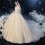 Schöne Champagner Durchsichtige Hochzeits Brautkleider / Hochzeitskleider 2020 Ballkleid Off Shoulder Kurze Ärmel Rückenfreies Applikationen Spitze Perlenstickerei Glanz Tülle Kathedrale Schleppe Rüschen