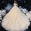Schöne Champagner Durchsichtige Hochzeits Brautkleider / Hochzeitskleider 2020 Ballkleid Off Shoulder Kurze Ärmel Rückenfreies Applikationen Spitze Perlenstickerei Glanz Tülle Kathedrale Schleppe Rüschen