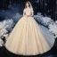 Schöne Champagner Durchsichtige Hochzeits Brautkleider / Hochzeitskleider 2020 Ballkleid Off Shoulder Kurze Ärmel Rückenfreies Applikationen Spitze Perlenstickerei Glanz Tülle Kathedrale Schleppe Rüschen