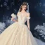 Schöne Champagner Durchsichtige Hochzeits Brautkleider / Hochzeitskleider 2020 Ballkleid Off Shoulder Kurze Ärmel Rückenfreies Applikationen Spitze Perlenstickerei Glanz Tülle Kathedrale Schleppe Rüschen