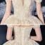 Schöne Champagner Durchsichtige Hochzeits Brautkleider / Hochzeitskleider 2020 Ballkleid Off Shoulder Kurze Ärmel Rückenfreies Applikationen Spitze Perlenstickerei Glanz Tülle Kathedrale Schleppe Rüschen