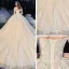 Schöne Champagner Durchsichtige Hochzeits Brautkleider / Hochzeitskleider 2020 Ballkleid Off Shoulder Kurze Ärmel Rückenfreies Applikationen Spitze Perlenstickerei Glanz Tülle Kathedrale Schleppe Rüschen