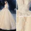Schöne Champagner Durchsichtige Hochzeits Brautkleider / Hochzeitskleider 2020 Ballkleid Off Shoulder Kurze Ärmel Rückenfreies Applikationen Spitze Perlenstickerei Glanz Tülle Kathedrale Schleppe Rüschen