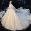 Romantic Champagne Bridal Wedding Dresses 2020 Ball Gown See-through Scoop Neck Short Sleeve Backless Appliques Lace Beading Crystal Cathedral Train Ruffle