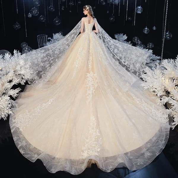 Romantic Champagne Bridal Wedding Dresses 2020 Ball Gown See-through Scoop Neck Short Sleeve Backless Appliques Lace Beading Crystal Cathedral Train Ruffle