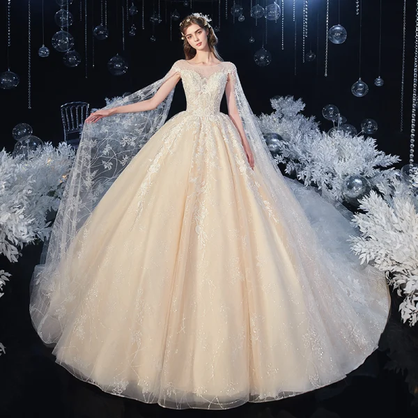 Romantic Champagne Bridal Wedding Dresses 2020 Ball Gown See-through Scoop Neck Short Sleeve Backless Appliques Lace Beading Crystal Cathedral Train Ruffle