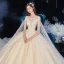 Romantic Champagne Bridal Wedding Dresses 2020 Ball Gown See-through Scoop Neck Short Sleeve Backless Appliques Lace Beading Crystal Cathedral Train Ruffle