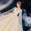 Romantic Champagne Bridal Wedding Dresses 2020 Ball Gown See-through Scoop Neck Short Sleeve Backless Appliques Lace Beading Crystal Cathedral Train Ruffle