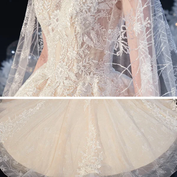 Romantic Champagne Bridal Wedding Dresses 2020 Ball Gown See-through Scoop Neck Short Sleeve Backless Appliques Lace Beading Crystal Cathedral Train Ruffle