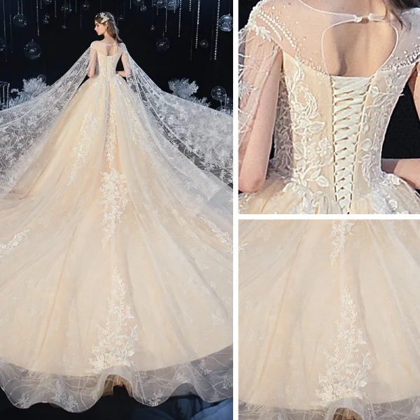 Romantic Champagne Bridal Wedding Dresses 2020 Ball Gown See-through Scoop Neck Short Sleeve Backless Appliques Lace Beading Crystal Cathedral Train Ruffle
