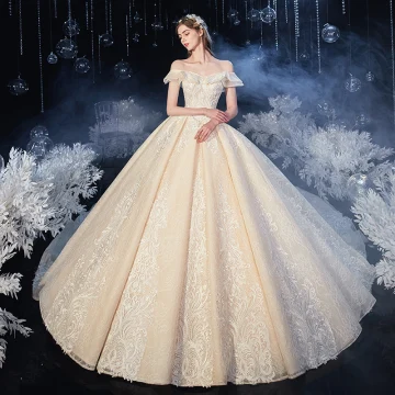 Chic Beautiful Champagne Bridal Wedding Dresses 2020 Ball Gown Off The Shoulder Short Sleeve Backless Appliques Lace Cathedral Train Ruffle