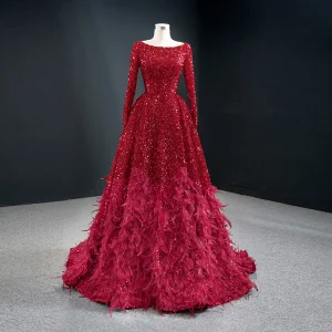 Sparkly Rød Paljetter Rødt Teppe Selskapskjoler 2020 Prinsesse Scoop Halsen Langermede Fjær Feie Tog Buste Ryggløse Formelle Kjoler