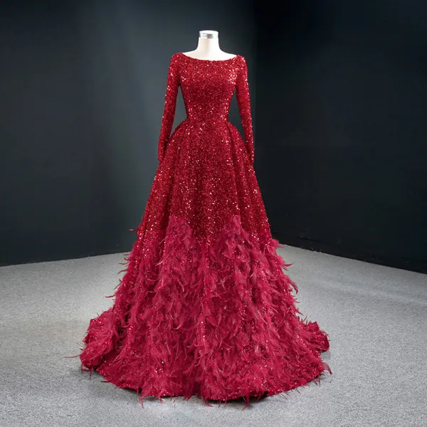 Sparkly Red Sequins Red Carpet Evening Dresses  2020 A-Line / Princess Scoop Neck Long Sleeve Feather Sweep Train Ruffle Backless Formal Dresses