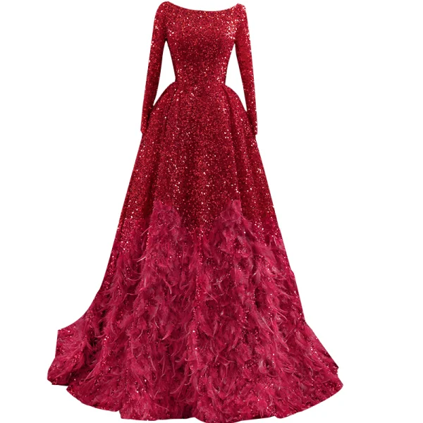 Scintillantes Rouge Paillettes Tapis rouge Robe De Soirée 2020 Princesse Encolure Dégagée Manches Longues Plumes Train De Balayage Volants Dos Nu Robe De Ceremonie