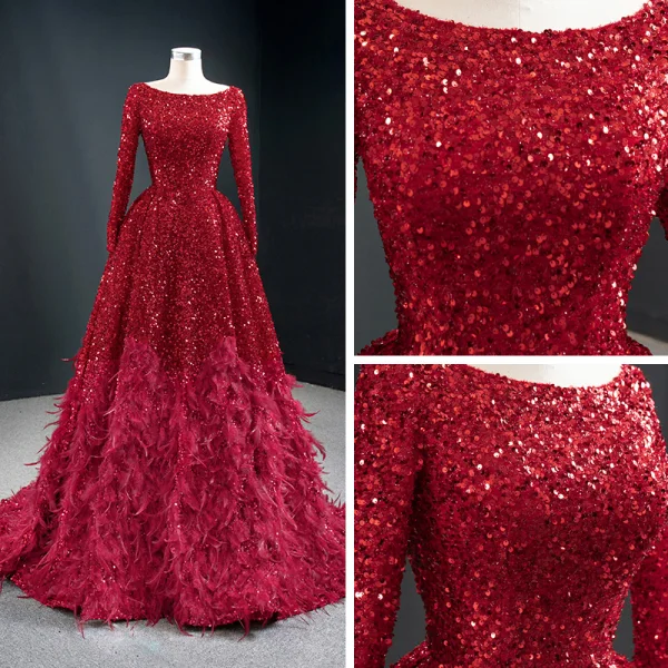 Scintillantes Rouge Paillettes Tapis rouge Robe De Soirée 2020 Princesse Encolure Dégagée Manches Longues Plumes Train De Balayage Volants Dos Nu Robe De Ceremonie