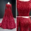 Scintillantes Rouge Paillettes Tapis rouge Robe De Soirée 2020 Princesse Encolure Dégagée Manches Longues Plumes Train De Balayage Volants Dos Nu Robe De Ceremonie