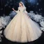 Chic / Beautiful Champagne Bridal Wedding Dresses 2020 Ball Gown V-Neck Bell sleeves Backless Appliques Lace Glitter Tulle Cathedral Train Ruffle