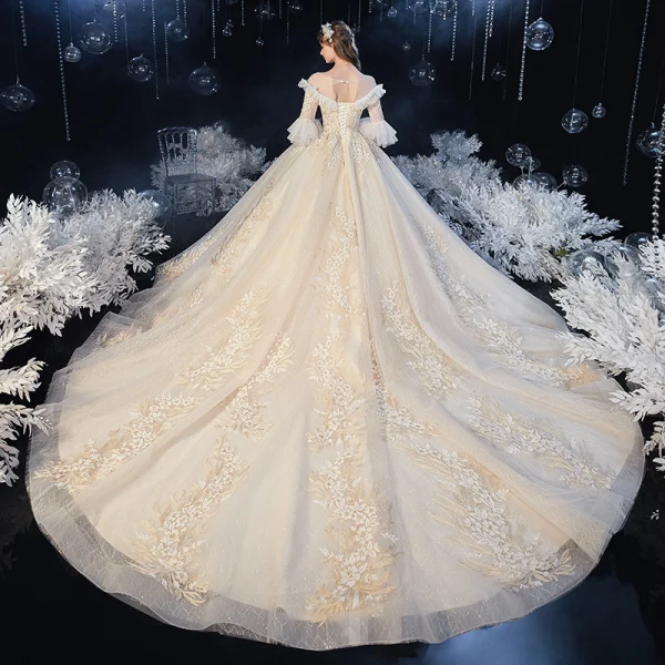 Chic / Beautiful Champagne Bridal Wedding Dresses 2020 Ball Gown V-Neck Bell sleeves Backless Appliques Lace Glitter Tulle Cathedral Train Ruffle
