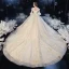 Chic / Beautiful Champagne Bridal Wedding Dresses 2020 Ball Gown V-Neck Bell sleeves Backless Appliques Lace Glitter Tulle Cathedral Train Ruffle