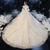 Chic / Beautiful Champagne Bridal Wedding Dresses 2020 Ball Gown V-Neck Bell sleeves Backless Appliques Lace Glitter Tulle Cathedral Train Ruffle