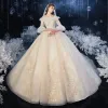 Chic / Beautiful Champagne Bridal Wedding Dresses 2020 Ball Gown V-Neck Bell sleeves Backless Appliques Lace Glitter Tulle Cathedral Train Ruffle