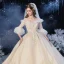 Chic / Beautiful Champagne Bridal Wedding Dresses 2020 Ball Gown V-Neck Bell sleeves Backless Appliques Lace Glitter Tulle Cathedral Train Ruffle