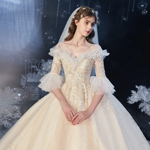 Chic / Beautiful Champagne Bridal Wedding Dresses 2020 Ball Gown V-Neck Bell sleeves Backless Appliques Lace Glitter Tulle Cathedral Train Ruffle