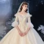 Chic / Beautiful Champagne Bridal Wedding Dresses 2020 Ball Gown V-Neck Bell sleeves Backless Appliques Lace Glitter Tulle Cathedral Train Ruffle