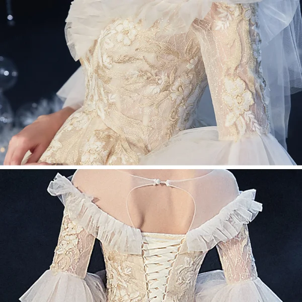 Chic / Beautiful Champagne Bridal Wedding Dresses 2020 Ball Gown V-Neck Bell sleeves Backless Appliques Lace Glitter Tulle Cathedral Train Ruffle