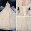 Chic / Beautiful Champagne Bridal Wedding Dresses 2020 Ball Gown V-Neck Bell sleeves Backless Appliques Lace Glitter Tulle Cathedral Train Ruffle