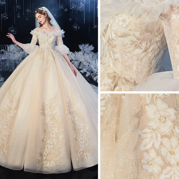 Chic / Beautiful Champagne Bridal Wedding Dresses 2020 Ball Gown V-Neck Bell sleeves Backless Appliques Lace Glitter Tulle Cathedral Train Ruffle