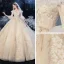 Chic / Beautiful Champagne Bridal Wedding Dresses 2020 Ball Gown V-Neck Bell sleeves Backless Appliques Lace Glitter Tulle Cathedral Train Ruffle