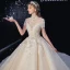 Vintage / Retro Champagne Bridal Wedding Dresses 2020 Ball Gown High Neck Short Sleeve Backless Appliques Lace Flower Handmade  Beading Royal Train