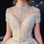 Vintage / Retro Champagne Bridal Wedding Dresses 2020 Ball Gown High Neck Short Sleeve Backless Appliques Lace Flower Handmade  Beading Royal Train