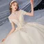 Vintage / Retro Champagne Bridal Wedding Dresses 2020 Ball Gown High Neck Short Sleeve Backless Appliques Lace Flower Handmade  Beading Royal Train