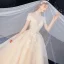 Vintage / Retro Champagne Bridal Wedding Dresses 2020 Ball Gown High Neck Short Sleeve Backless Appliques Lace Flower Handmade  Beading Royal Train