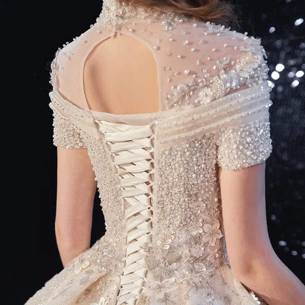 Vintage / Retro Champagne Bridal Wedding Dresses 2020 Ball Gown High Neck Short Sleeve Backless Appliques Lace Flower Handmade Beading Royal Train