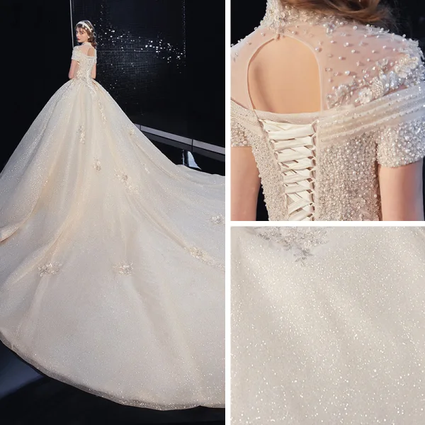 Vintage / Retro Champagne Bridal Wedding Dresses 2020 Ball Gown High Neck Short Sleeve Backless Appliques Lace Flower Handmade Beading Royal Train