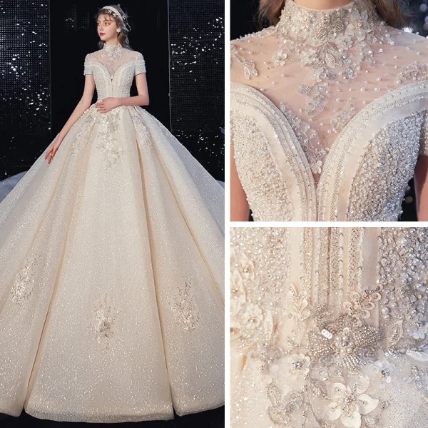 Vintage / Retro Champagne Bridal Wedding Dresses 2020 Ball Gown High Neck Short Sleeve Backless Appliques Lace Flower Handmade Beading Royal Train