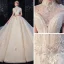 Vintage / Retro Champagne Bridal Wedding Dresses 2020 Ball Gown High Neck Short Sleeve Backless Appliques Lace Flower Handmade  Beading Royal Train