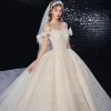 Best Champagne Bridal Wedding Dresses 2020 Ball Gown Off-The-Shoulder Short Sleeve Backless Appliques Lace Beading Glitter Tulle Royal Train
