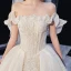 Best Champagne Bridal Wedding Dresses 2020 Ball Gown Off-The-Shoulder Short Sleeve Backless Appliques Lace Beading Glitter Tulle Royal Train