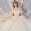 Best Champagne Bridal Wedding Dresses 2020 Ball Gown Off-The-Shoulder Short Sleeve Backless Appliques Lace Beading Glitter Tulle Royal Train