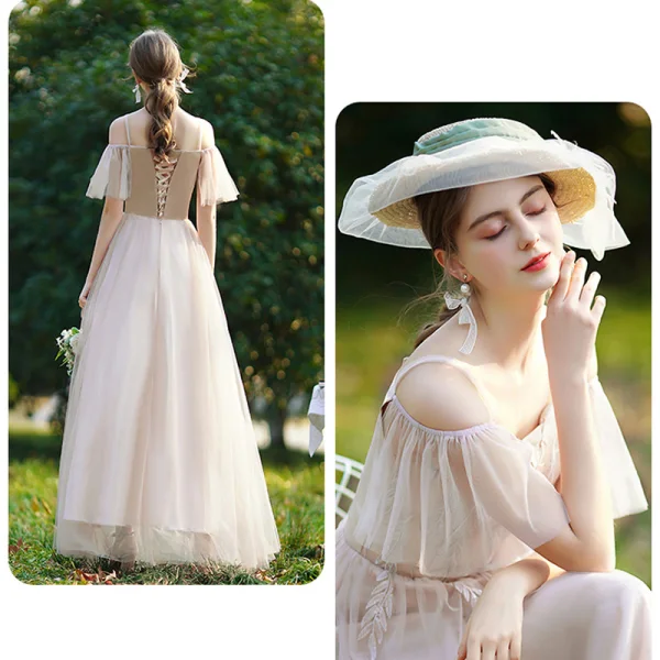 Affordable Champagne Bridesmaid Dresses 2020 A-Line / Princess Backless Appliques Lace Floor-Length / Long