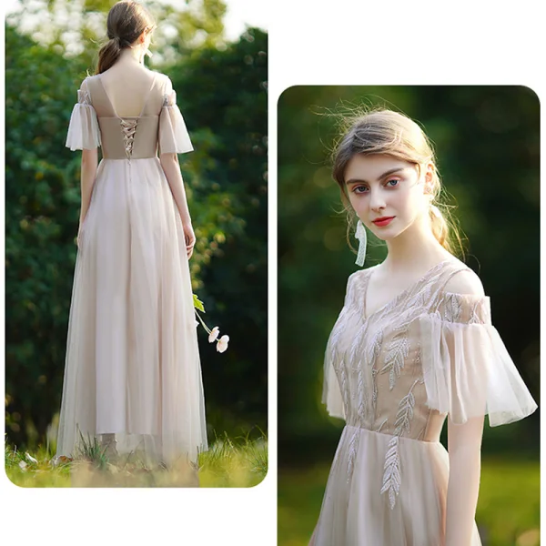 Affordable Champagne Bridesmaid Dresses 2020 A-Line / Princess Backless Appliques Lace Floor-Length / Long