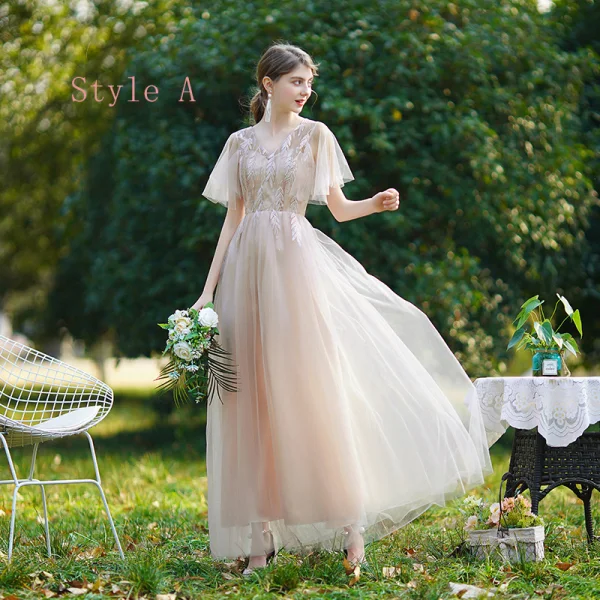 Affordable Champagne Bridesmaid Dresses 2020 A-Line / Princess Backless Appliques Lace Floor-Length / Long